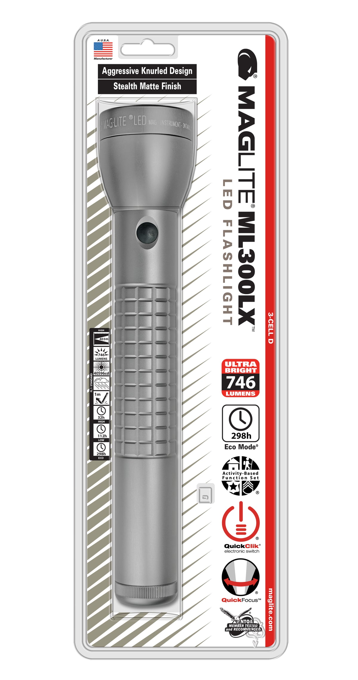 Maglite® ML300LX® D-LED-Stablampe mit 3 Zellen – 403-Meter-Leuchtweite, bis zu 298 Stunden Leuchtdauer, 746 Lumen, Quick Focus®, QuickClik® & Multi-Mode-Betrieb