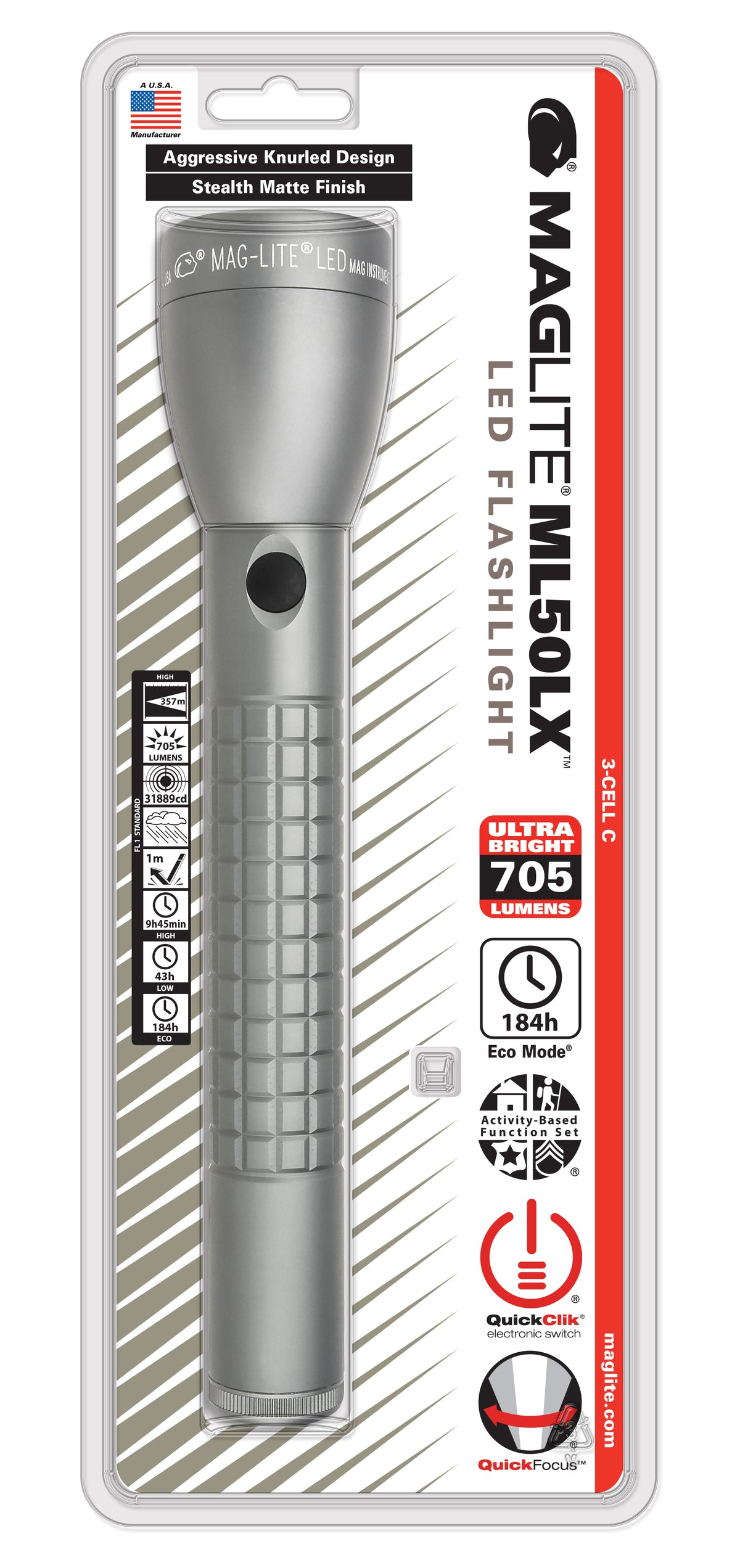 Maglite® ML50LX® C-Zellen LED-Taschenlampe (3 Zellen) – 357 Meter Leuchtweite, bis zu 184 Stunden Laufzeit, 705 Lumen, Quick Focus®, QuickClik® & Multi-Mode-Betrieb